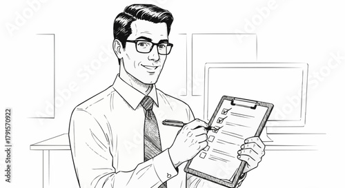 Black and white line drawing of a businessman with a checklist.