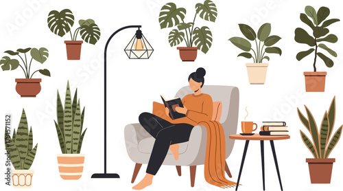 Cozy Indoor Scene: Woman Reading Book in Armchair and Plants

Flat Vector Illustration of Home Comfort and Reading Hobby

Minimalist Living Room Interior Design with Person Relaxing