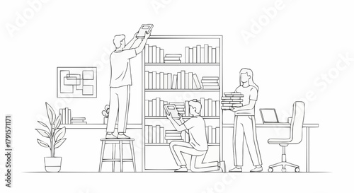 People organizing books on a bookshelf in a library or office setting.