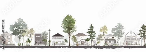 Uma ilustração vetorial detalhada de uma rua residencial tranquila, exibindo diversas casas e árvores exuberantes em um cenário sereno.