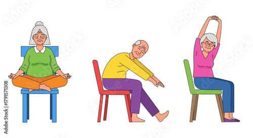 Illustration of three seniors doing chair yoga