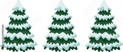 Three cartoon snow-covered pine trees illustration, winter Christmas forest design, evergreen trees with white snow layers isolated on white background