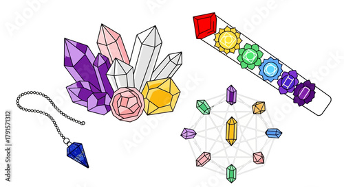 Colorful crystals and gemstones with geometric