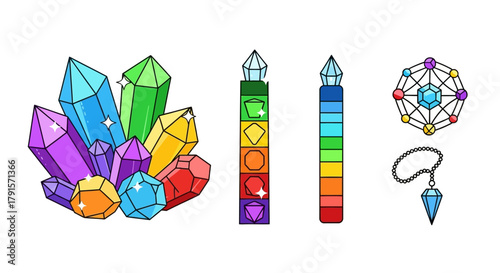 Colorful crystal and gemstone illustrations with