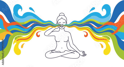 Line drawing of a meditating woman with colorful