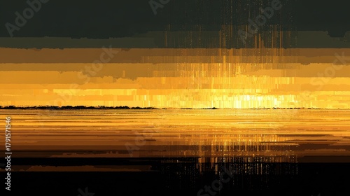 Abstract Golden Sunset Over Water with Pixelated Effect