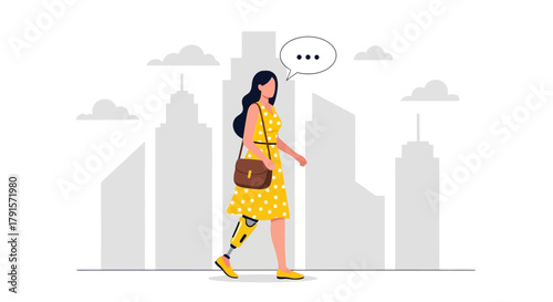 Woman with Prosthetic Leg Walking in City
