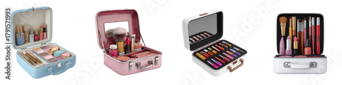Chic makeup cases brimming with cosmetics and brushes, perfect for travel, organization, and beauty enthusiasts seeking stylish storage solutions for their essentials.