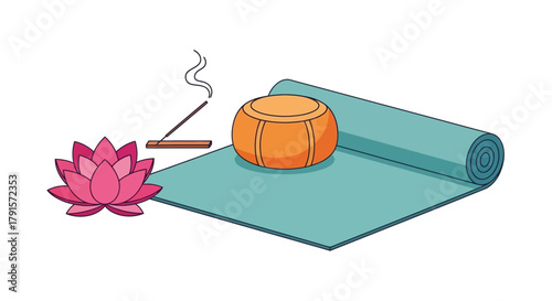 Yoga mat with lotus flower and incense stick 