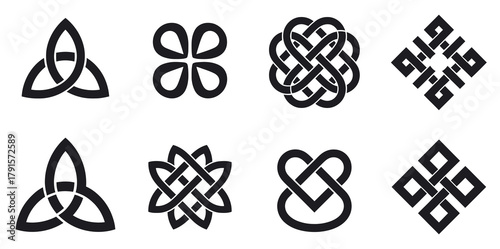 Endless knot illustration with traditional celtic and buddhist motifs for sacred ornamental design