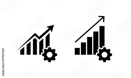 Growth optimization icon. Business analytics and performance improvement symbol. Chart with upward arrow and gear sign