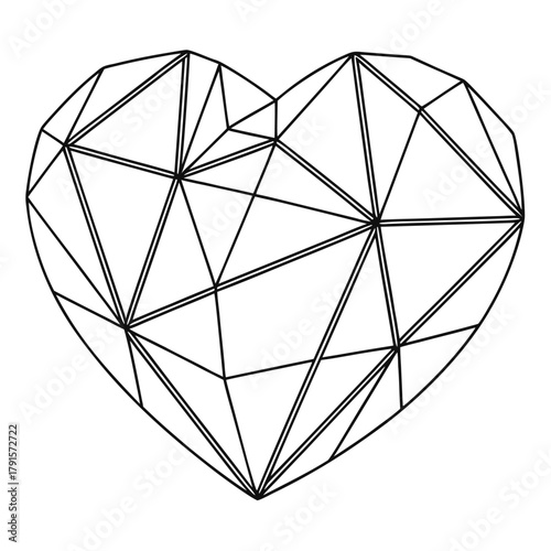 A geometric line drawing of a heart composed of triangular facets. The design resembles a faceted crystal, with symmetrical, angular segments forming the overall heart shape.