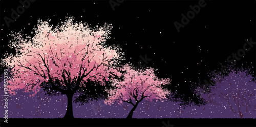Ilustração vetorial encantadora de árvores de cerejeira em flor sob um céu noturno estrelado, criando uma atmosfera mágica e serena.