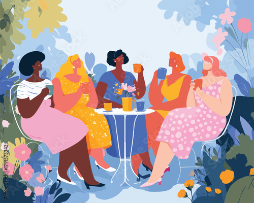 Um grupo diverso de mulheres desfruta de um chá da tarde relaxante em um belo jardim florido, celebrando a amizade e a união.