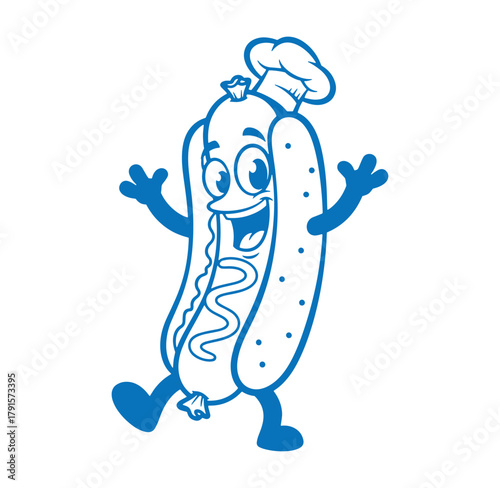 Cheerful cartoon hot dog mascot character with chef hat ready to serve food