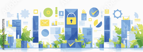 Esta ilustração vetorial moderna representa a segurança digital e a proteção de dados em um ambiente tecnológico complexo, com elementos gráficos e um cadeado central.