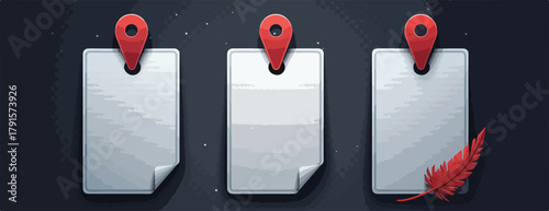 Conjunto de ícones vetoriais de notas brancas presas com alfinetes de mapa vermelhos, ideais para interfaces de usuário ou lembretes digitais.