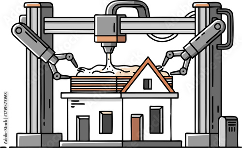 3D Printer Constructing a House with Robotic Arms.