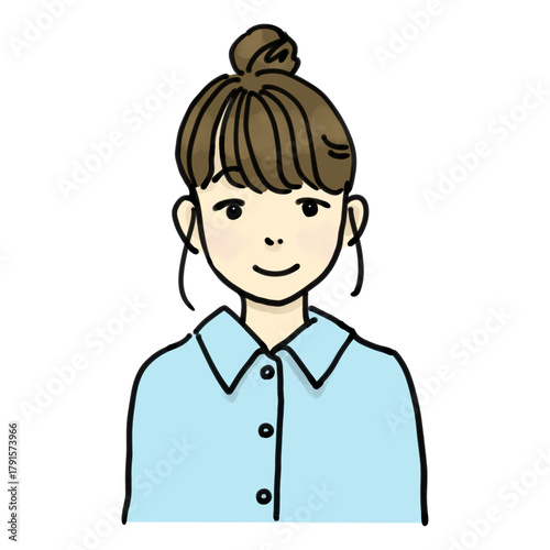お団子頭のおしゃれで優しい雰囲気の女性手描きイラスト
