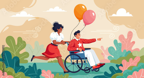 Caregiver and Child in Wheelchair Celebrating