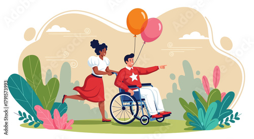 Woman Pushing Boy in Wheelchair with Balloons