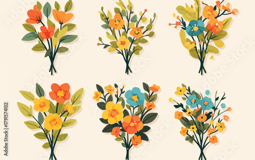 Uma coleção encantadora de buquês de flores coloridas em estilo vetorizado, perfeita para designs gráficos e decorações primaveris.