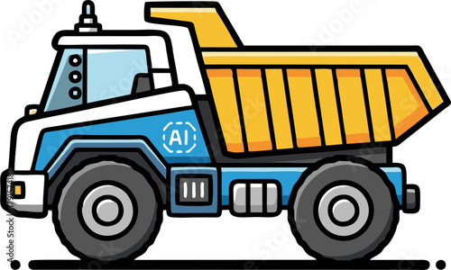 Blue and yellow dump truck with AI logo on side.