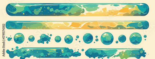 Coleção de elementos gráficos fluidos e abstratos em tons de azul, verde e amarelo, ideais para interfaces digitais e design moderno.