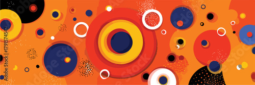 Fundo abstrato vibrante com círculos coloridos em tons de laranja, vermelho, azul e amarelo, formando um padrão geométrico dinâmico e moderno.