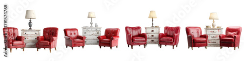 Elegant red leather wingback armchairs flank a vintage distressed white dresser adorned with a classic table lamp creating a cozy, luxurious seating vignette perfect for sophisticated interiors
