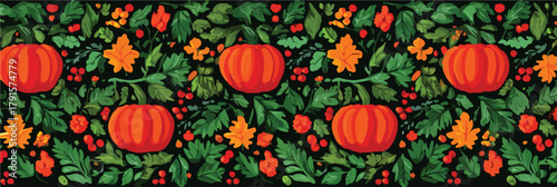 Este vetor apresenta um padrão contínuo e vibrante de abóboras alaranjadas, folhas verdes e bagas vermelhas, ideal para decorações festivas de outono e Halloween.