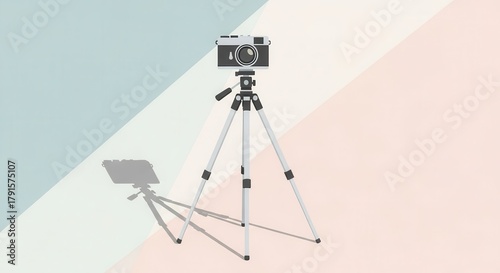 Classic photographic apparatus rests securely upon a stabilizing support against a pastel background.