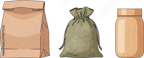 Three containers a paper bag a drawstring bag and a jar.