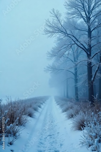 A chillingly atmospheric winter scene, with frost clinging to barren branches and a thick fog obscuring the landscape, evoking a sense of eerie isolation and suspense , season, atmosphere, fog