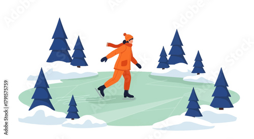 Man in Orange Coat Ice Skating Alone