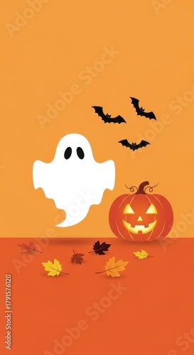 Whimsical autumnal scene featuring a friendly ghost pumpkin and bats illustration