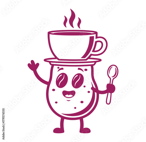 Cheerful coffee bean character with cup and spoon perfect for cafe branding and design