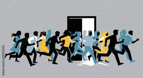 Flat vector illustration of people rushing into a store, simple silhouette style with bold outlines and limited colors