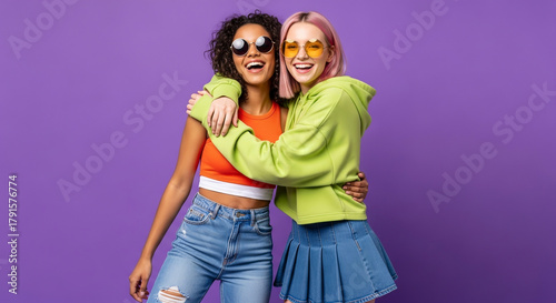 Two joyful young women friends laughing and hugging with colorful clothing and sunglasses against a purple background
