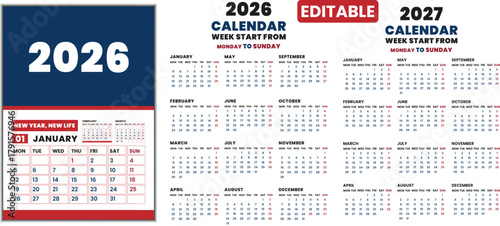 2026 and 2027 vector editable English calendar design. English calendar design monthly layout. 2026 to 2027 yearly calendar layout from Monday to Sunday.
