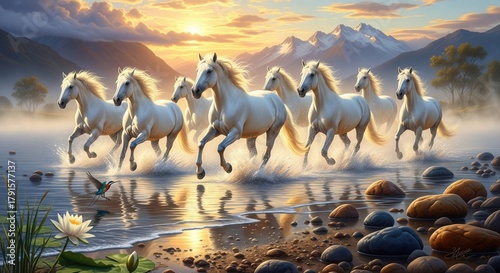 Horses running through water at sunset with mountains in the background