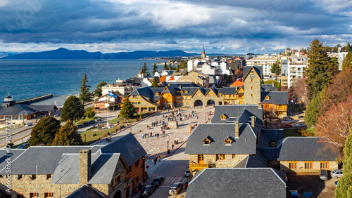 aerial view of the old town of  San Carlos de Bariloche, Civic Center, Patagonia Argentina glacial lake Nahuel Huapi, next to the Andes Mountains 