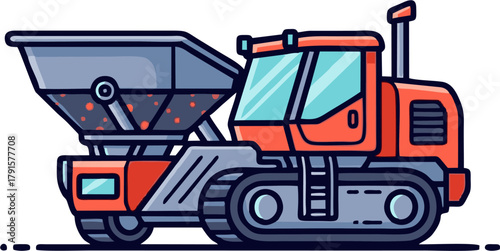 Heavy-duty tracked construction vehicle with large hopper for material transport.