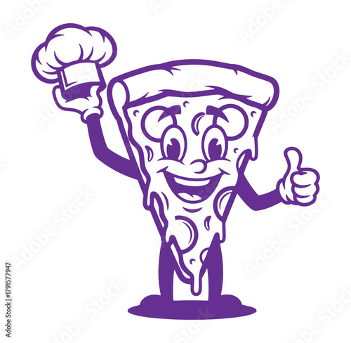 Cheerful pizza slice mascot holding chef hat giving thumbs up delicious italian food concept