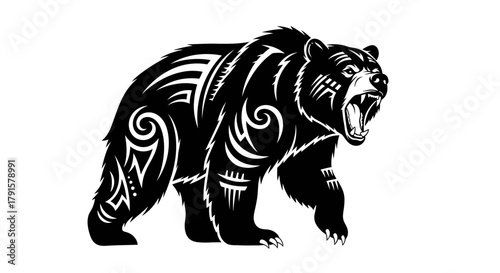 A fierce black bear with tribal markings roaring and showing its teeth, depicted in a stylized graphic illustration.
