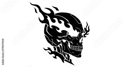 A black silhouette of a skull with flames erupting from its head, rendered in a tribal or tattoo style.