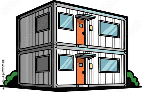 Two-story modular building made from stacked shipping containers.