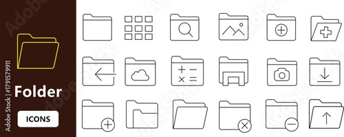 Folder line icons set with file directory, document storage, organization system and data management for computer interface vector illustration