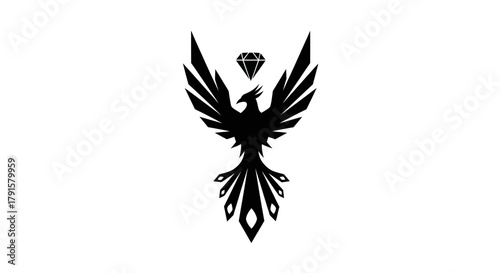 A striking black silhouette of a phoenix with outstretched wings, a diamond emblem above its head, set against a plain white background.