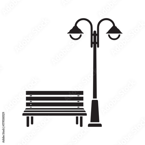 Park bench and lamppost icon. City street furniture symbol. Public outdoor seating and lighting silhouette. Vector glyph for urban design.
